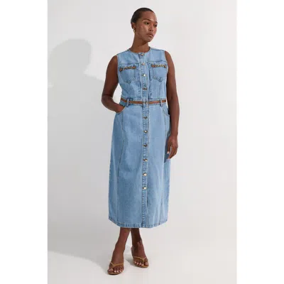 Karen Millen Tipping Sleeveless Midi Denim Dress In Blue