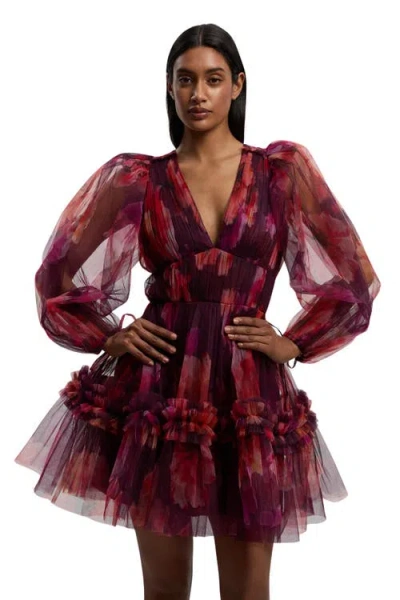 Karen Millen Tulle Balloon Sleeve Mini Dress In Burgundy