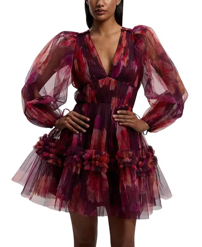 Karen Millen Tulle Balloon Sleeve Mini Dress In Burgundy