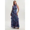 Karen Millen Tulle Layered Halter Neck Maxi Dress In Blue