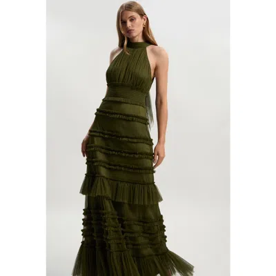 Karen Millen Tulle Layered Halter Neck Maxi Dress In Green