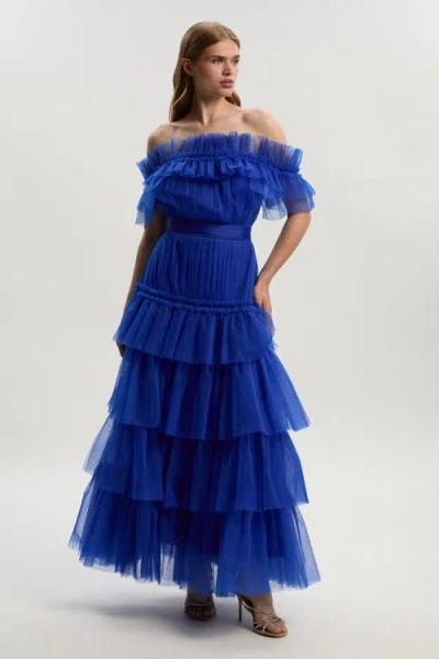 Karen Millen Tulle Off Shoulder Maxi Dress In Blue