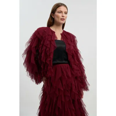 Karen Millen Tulle Ruffle Detail Woven Jacket In Burgundy
