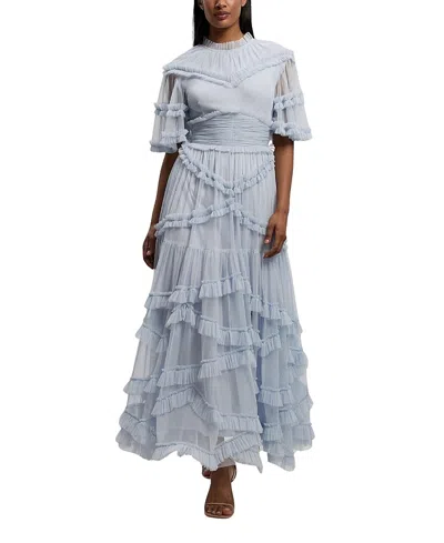 Karen Millen Tulle Ruffle Detail Woven Maxi Dress In Blue