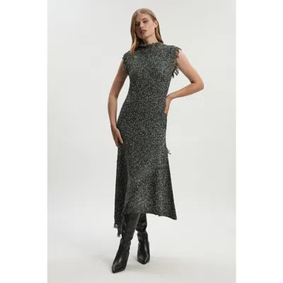 Karen Millen Tweed Yarn Fringe Trim Knitted Dress In Black
