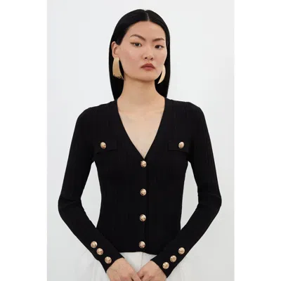 Karen Millen Viscose Blend Rib Military Trim Cardigan In Black