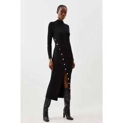 Karen Millen Viscose Popper Split Knit Midi Dress In Black
