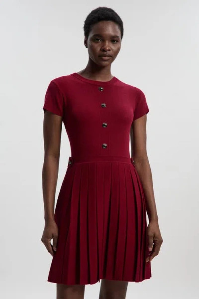 Karen Millen Viscose Tab Pleated Knit Mini Dress In Burgundy