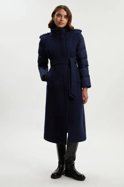 Karen Millen Wool High Neck Puffer Belted Midi Coat In Blue