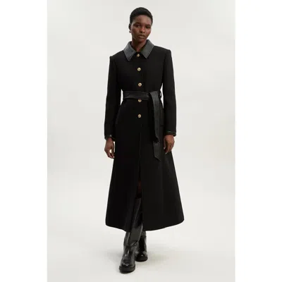 Karen Millen Wool Pu Mix Belted Tailored Maxi Coat In Black