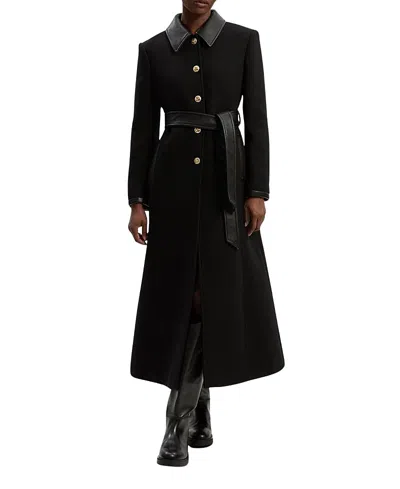 Karen Millen Wool Pu Mix Belted Tailored Maxi Coat In Black