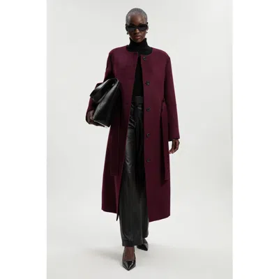 Karen Millen Wool Single Breasted Belted Maxi Coat In Burgundy