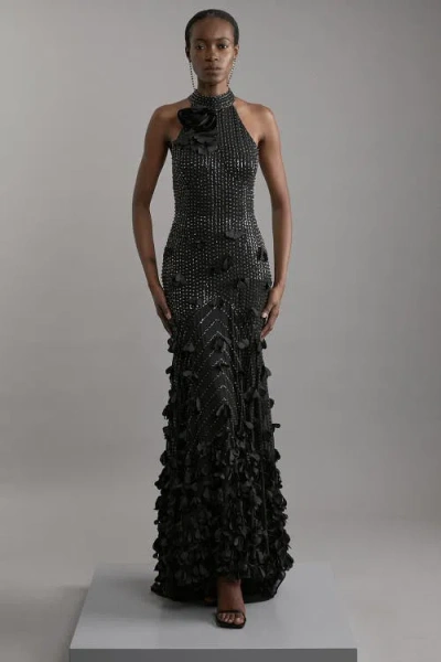 Karen Millen Woven Maxi Rosette Maxi Dress In Black