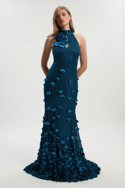 Karen Millen Woven Maxi Rosette Maxi Dress In Blue