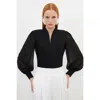 Karen Millen Zip Detail Chiffon Sleeve Knit Top In Black