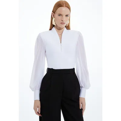 Karen Millen Zip Detail Chiffon Sleeve Knit Top In White