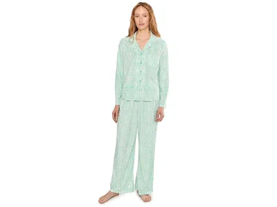 Karen Neuburger Minky Fleece Long Sleeve Notch Top Long Pants Set In Green