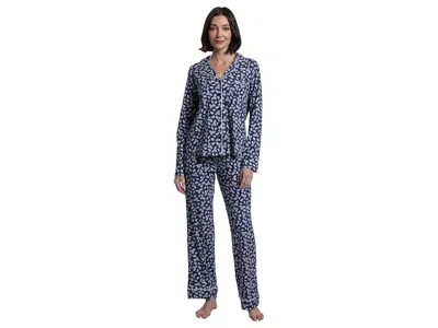 Karen Neuburger Petite Jolly Bright Long Sleeve Notch Top Long Pants Set In Blue