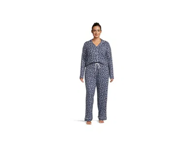 Karen Neuburger Plus Jolly Bright Long Sleeve Notch Top Long Pants Set In Blue