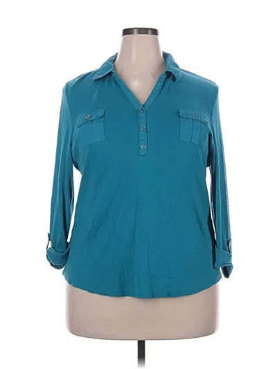 Pre-owned Karen Scott 3/4 Sleeve Button Down Shirt In Teal