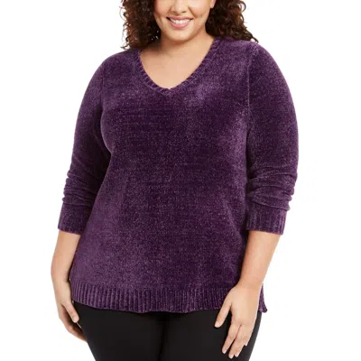 Karen Scott Plus Chenille Womens Pullover V-neck Sweater In Purple