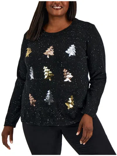 Karen Scott Plus Womens Sequined Spotted Christmas Sweater In Black