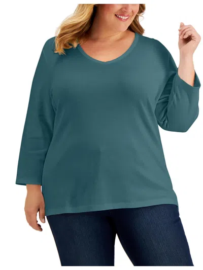 Karen Scott Plus Womens V Neck Long Sleeve Pullover Top In Green