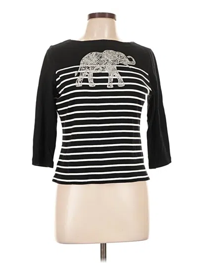 Pre-owned Karen Scott Sport 3/4 Sleeve Top Black Stripes Pattern Boatneck Tops