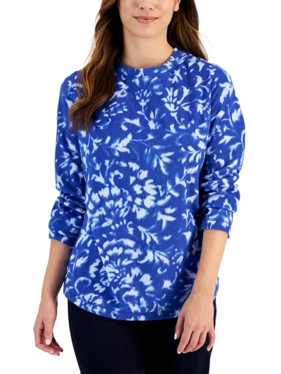Karen Scott Sport Womens Floral Print Fleece Pullover Top In Blue