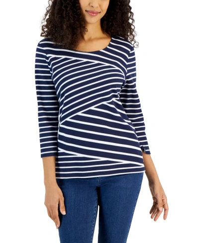 Karen Scott Women's Callie Asymmetrical-stripe 3/4-sleeve Top, Created For Macy's In Intrepid Navy