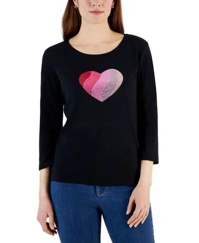 Karen Scott Women's Gem Heart Graphic Pullover Top, Created For Macy's In Deep Black