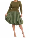 Karen T Design Balloon Bottom Dress In Olive In Green
