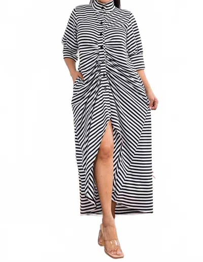 Karen T Design Button Down Stripe Midi Dress In White/black