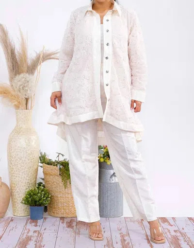 Karen T Design Button Down Tunic And Straight Leg Pant Set In Ivory In White
