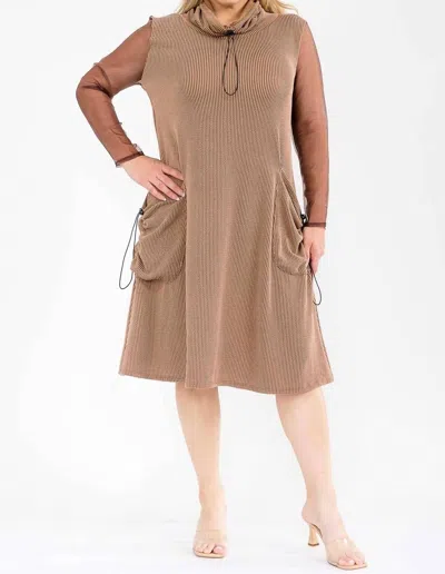 Karen T Design Cowl Turtle Neck Pocket Midi Dress In Beige In Brown