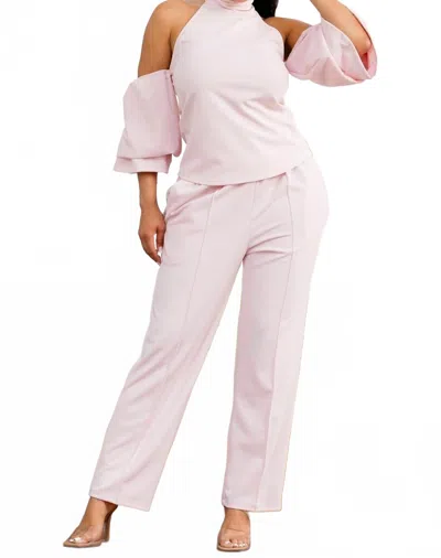 Karen T Design High Waist Mock Neck Two Piece Set In Pink In White