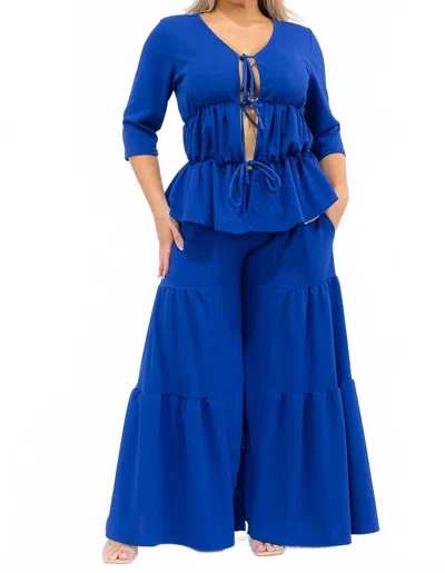 Karen T Design Hollow Lace Up Top And Spliced Wide Leg Pants In Blue