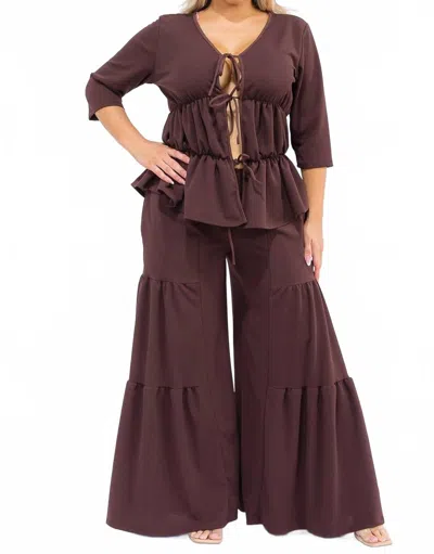 Karen T Design Hollow Lace Up Top And Spliced Wide Leg Pants In Brown
