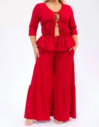 Karen T Design Hollow Lace Up Top And Spliced Wide Leg Pants In Red