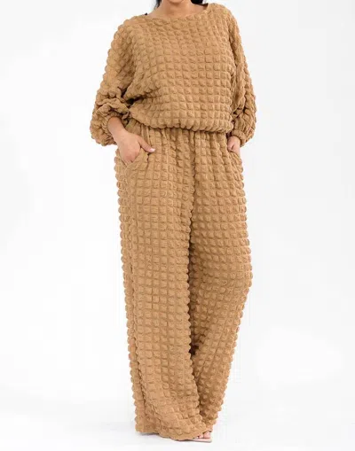 Karen T Design Long Sleeve Bubble Top And Wide Leg Pants Set In Beige In Brown