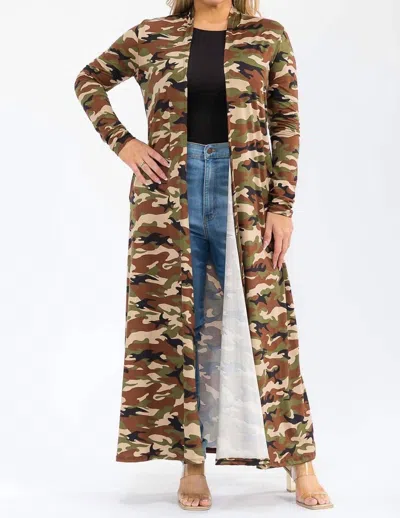 Karen T Design Long Sleeve Maxi Length Open Front Cardigan In Camouflage In Brown