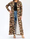 Karen T Design Long Sleeve Maxi Length Open Front Cardigan In Camouflage In Green