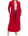 Karen T Design Long Sleeve Maxi Length Open Front Cardigan In Red In Red
