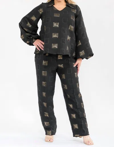 Karen T Design Long Sleeve Top And Straight Pants Set In Black Gold