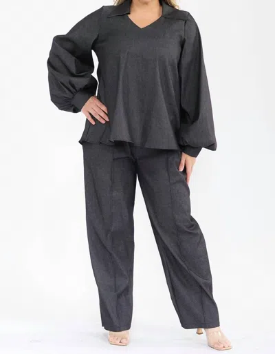 Karen T Design Long Sleeve Top And Straight Pants Set In Grey In Multi