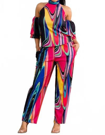 Karen T Design Mock Neck Puff Sleeves Top With Pants Two Piece Set In Multicolor