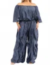 Karen T Design Off Shoulder Top And Pleated Trouser Set In Blue In Blue