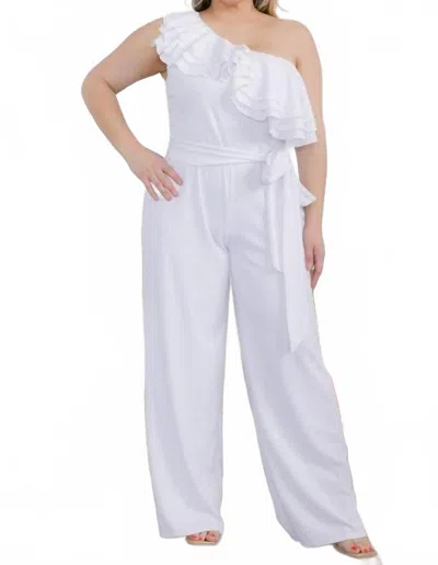 Karen T Design One Shoulder Ruffle Jumpsuit In White