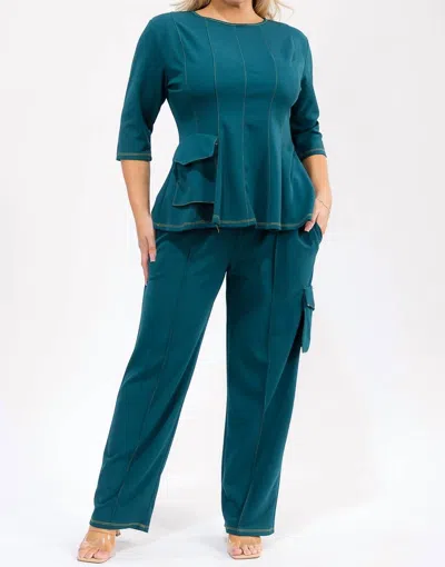 Karen T Design Peplum Top And Pants Set In Teal In Blue
