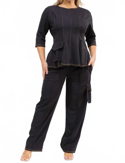 Karen T Design Peplum Top And Straight Cargo Pants Set In Black